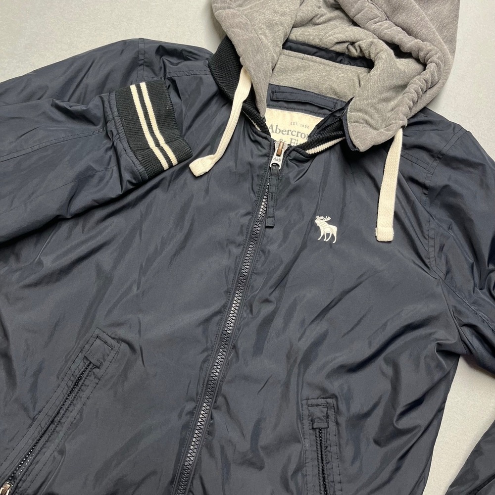 Abercrombie Fitch Hooded Bomber Jacket Navy‎ Blue White Stripe Accents Mens L